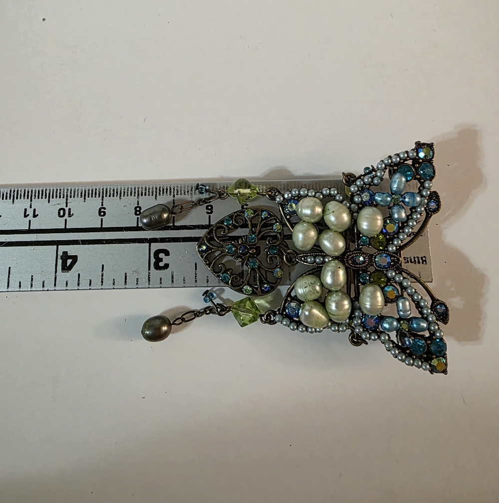 Vtg Butterfly Freshwater Pearl Crystal Brooch - Picture 5 of 6
